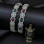 CZ Rhodium Multicolour Oval Cluster Flower Bangles