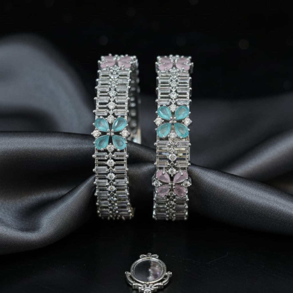 CZ Rhodium Baguette & Pastel Flower Bangles