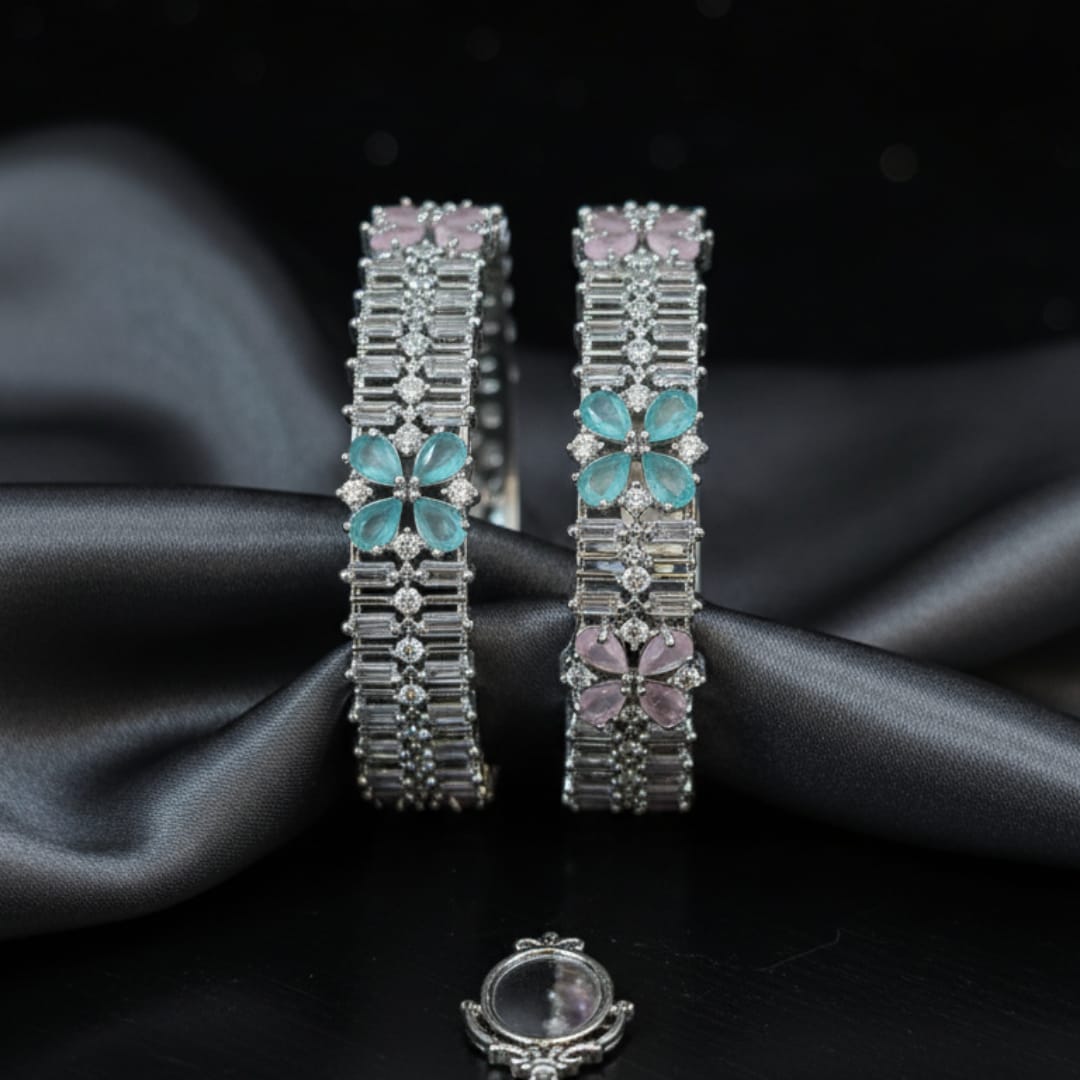 CZ Rhodium Baguette & Pastel Flower Bangles