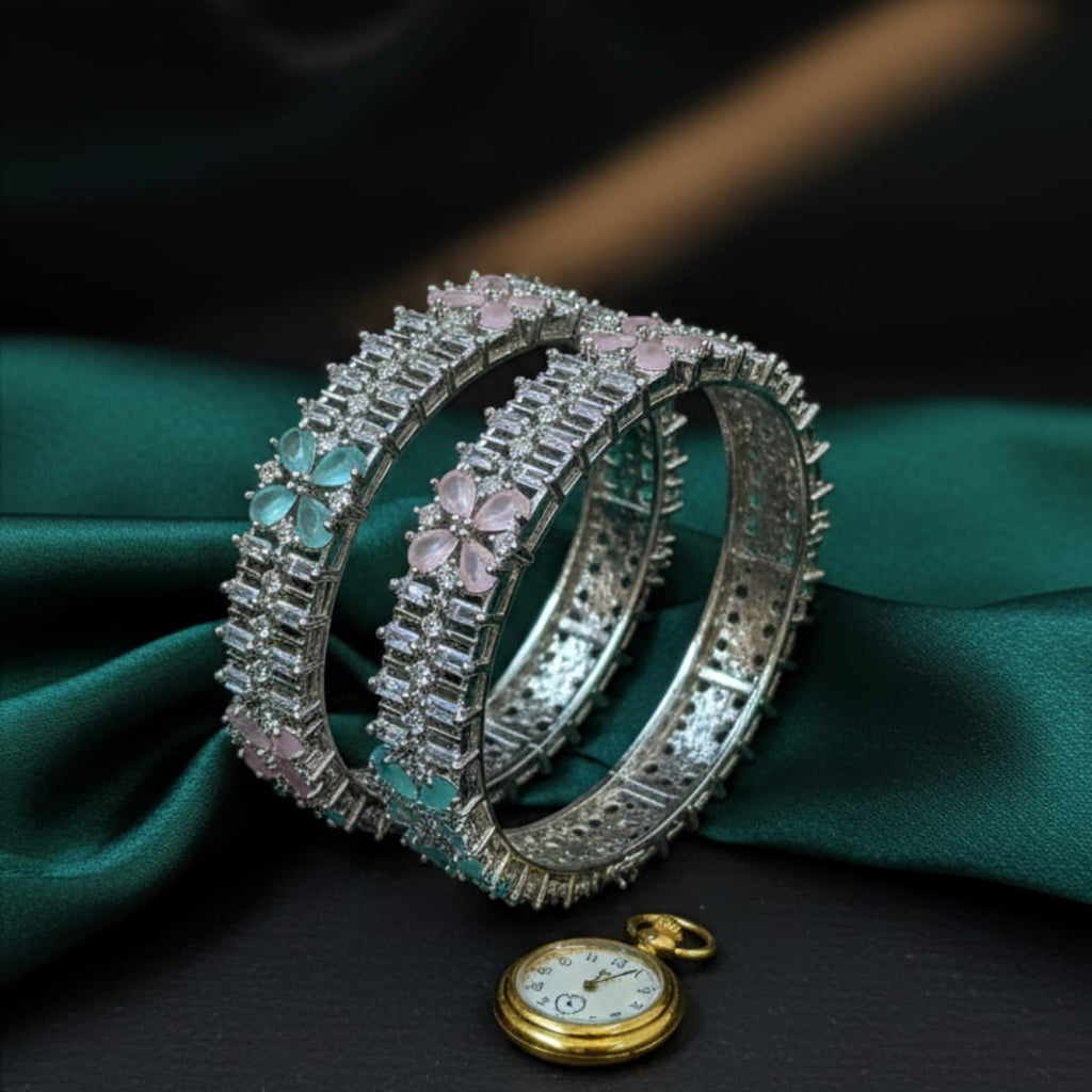 CZ Rhodium Baguette & Pastel Flower Bangles