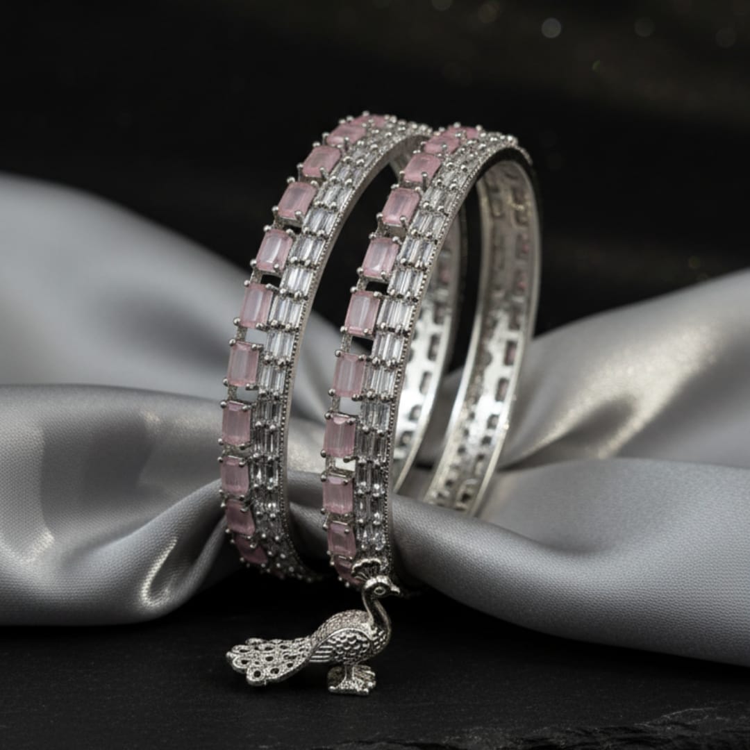 CZ Rhodium Blush Pink Baguette Ladder Bangles