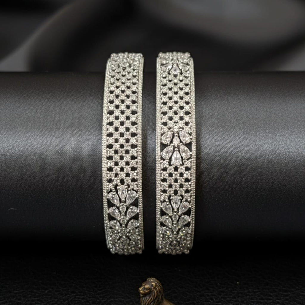 CZ Rhodium Openwork Lattice & Pear Flower Bangles