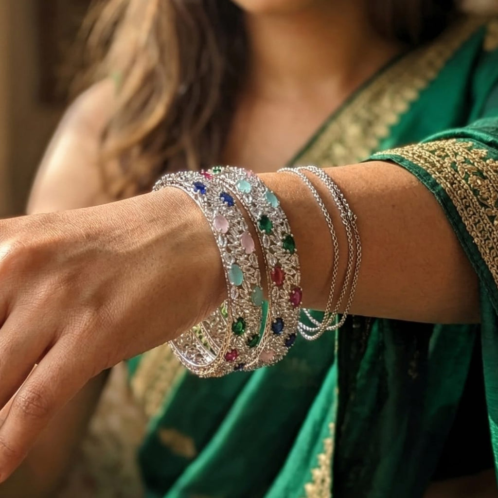 CZ Rhodium Multicolour Oval Bangles