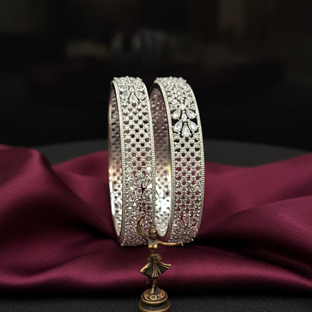 CZ Rhodium Openwork Lattice & Pear Flower Bangles