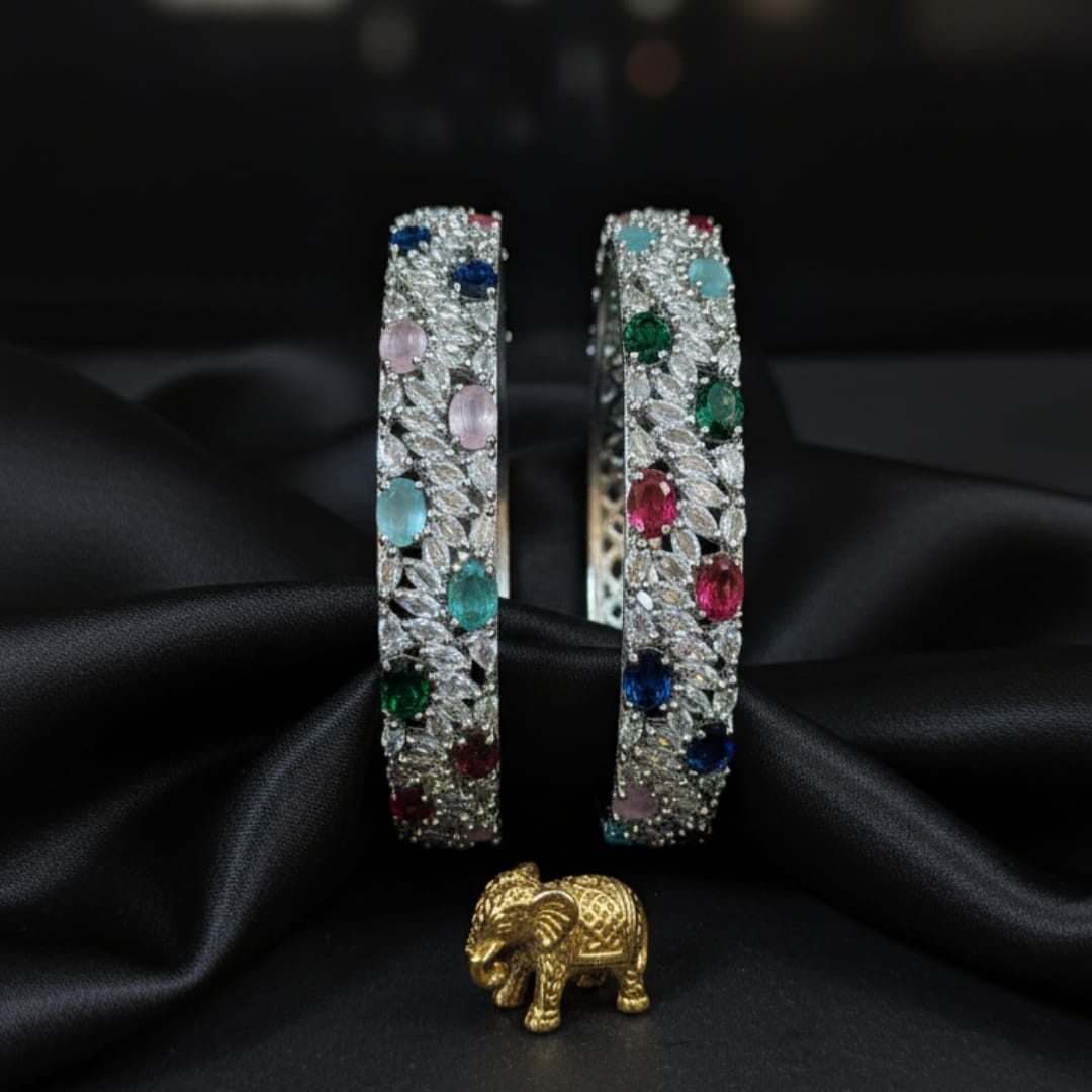 CZ Rhodium Multicolour Oval Bangles