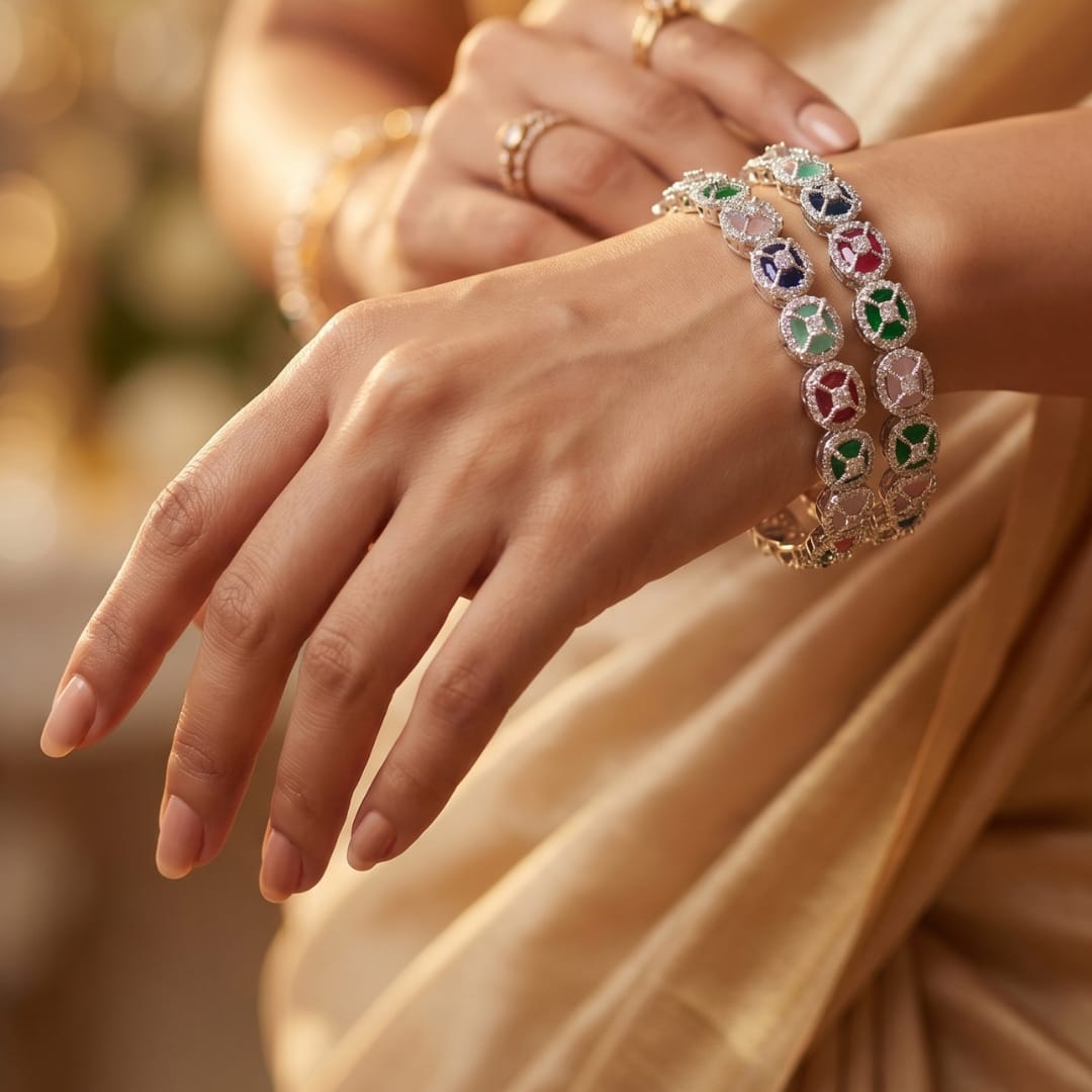 CZ Rhodium Bangles with Multicolour Stones