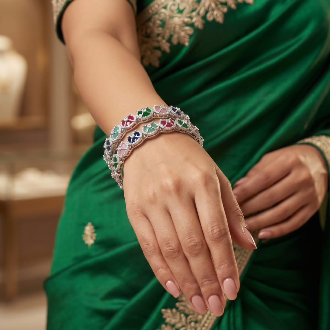 CZ Rhodium Bangles with Multicolour Stones