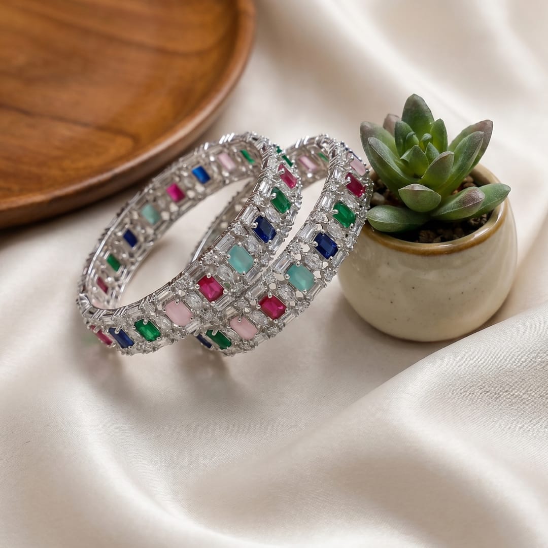 CZ Rhodium Multicolour Channel Stone Bangles