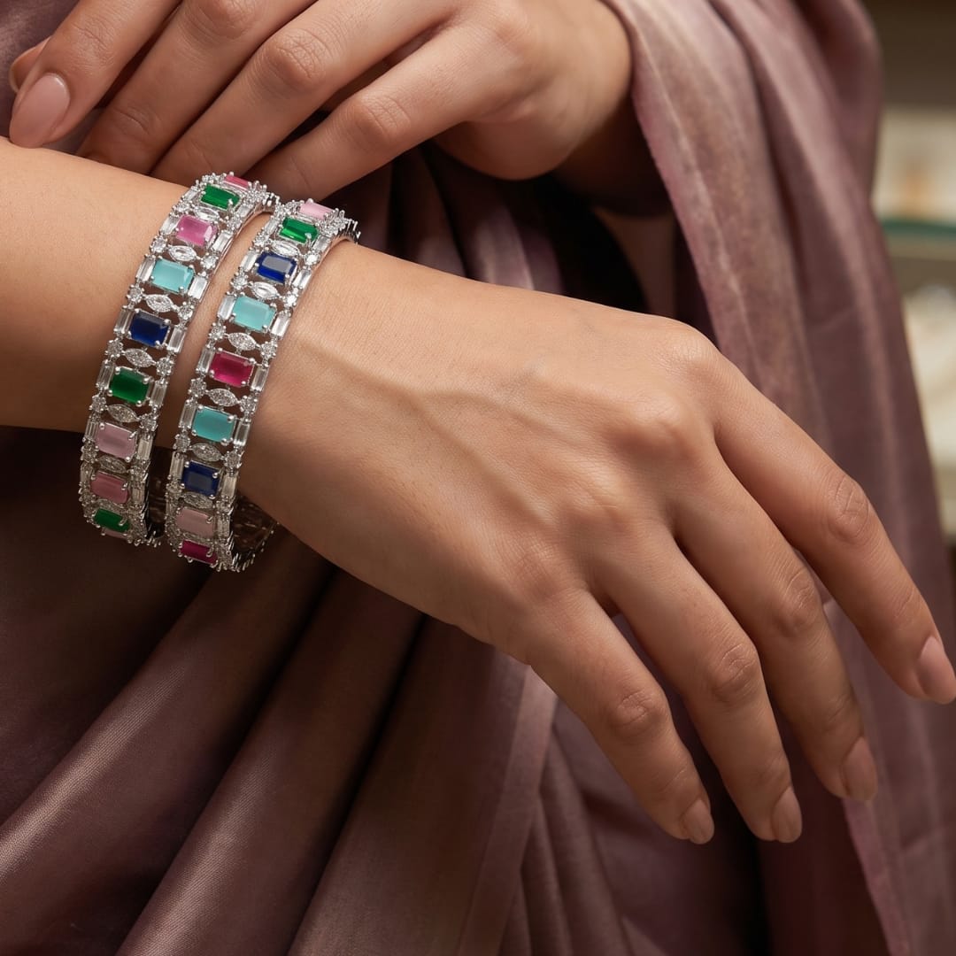 CZ Rhodium Multicolour Channel Stone Bangles