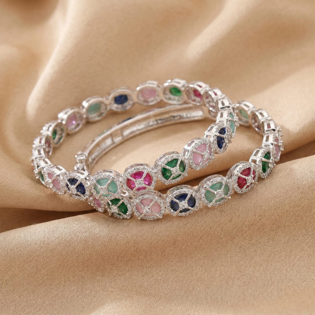 CZ Rhodium Bangles with Multicolour Stones