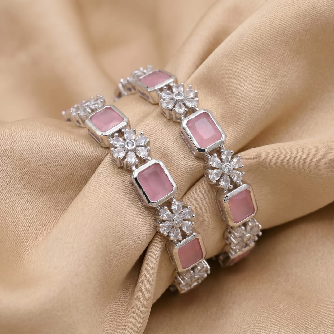 CZ Rhodium Pink Stone Floral Bangles