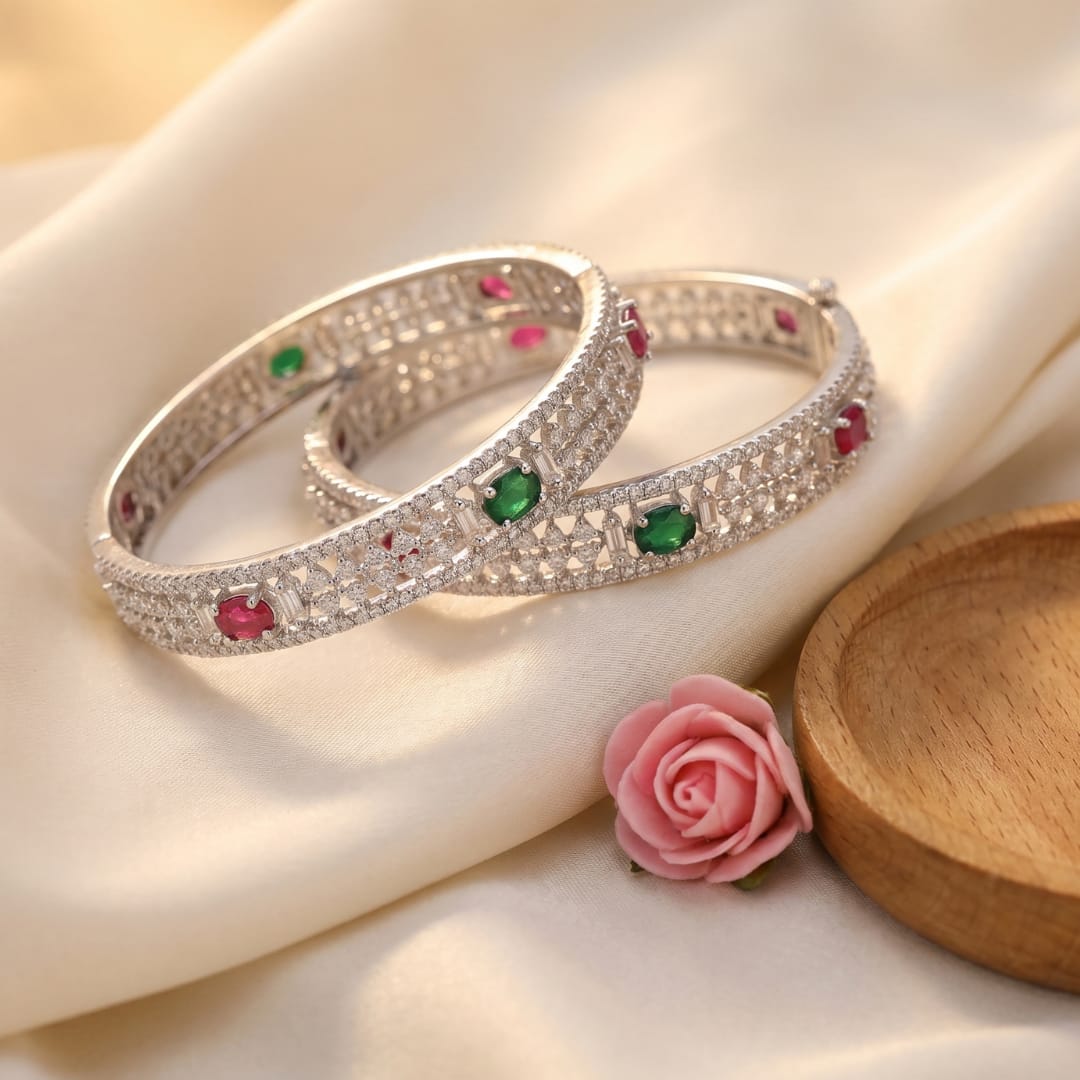 CZ Rhodium Ruby Emerald Oval Stone Bangles