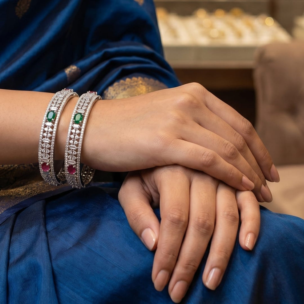 CZ Rhodium Ruby Emerald Oval Stone Bangles