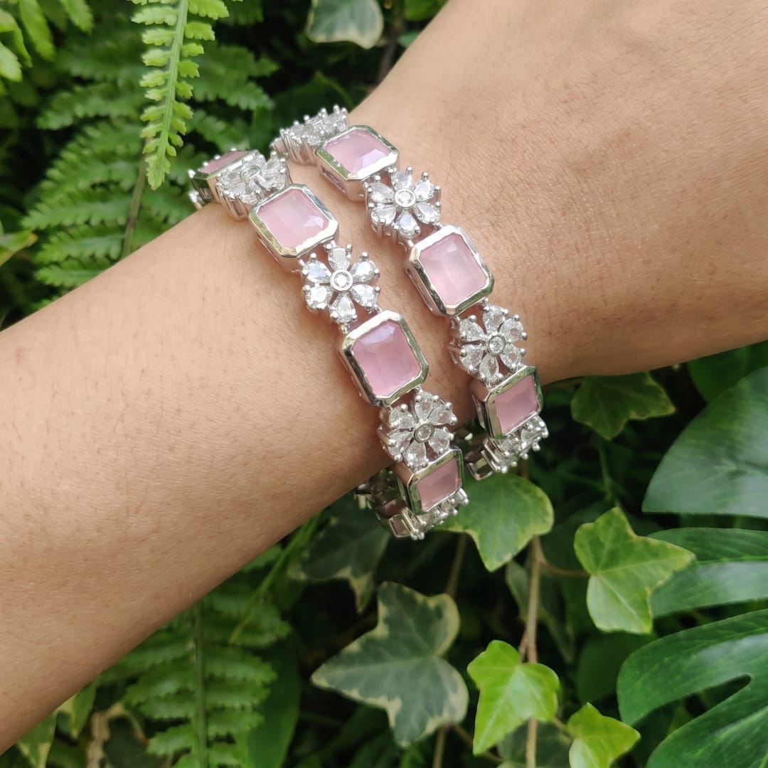 CZ Rhodium Pink Stone Floral Bangles