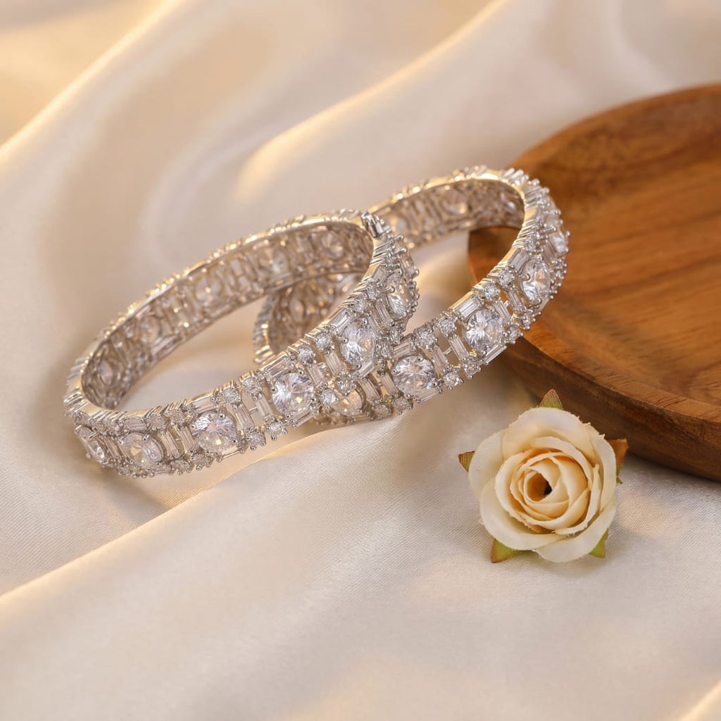 CZ Rhodium Solitaire Baguette Bridal Bangles