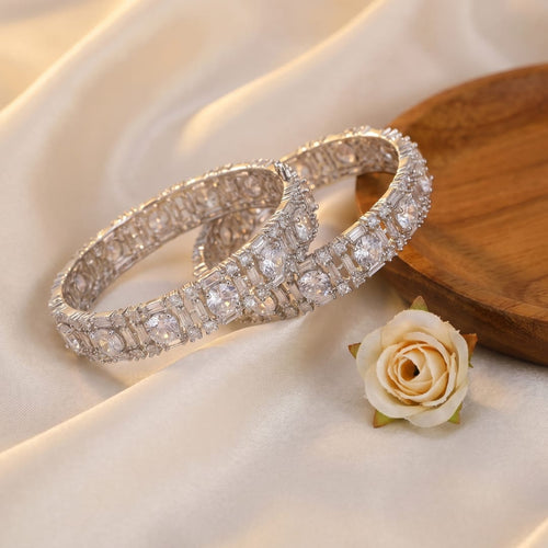 CZ Rhodium Solitaire Baguette Bridal Bangles