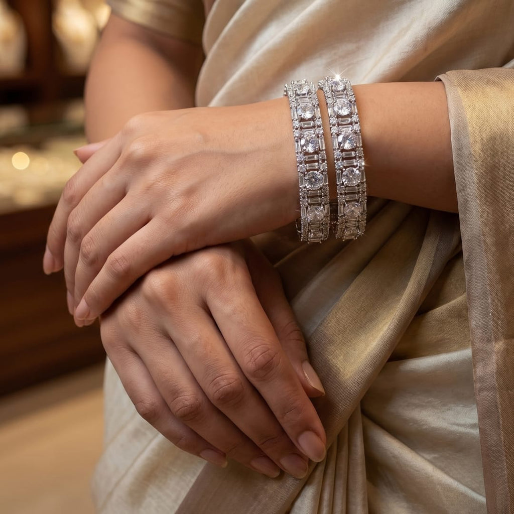 CZ Rhodium Solitaire Baguette Bridal Bangles