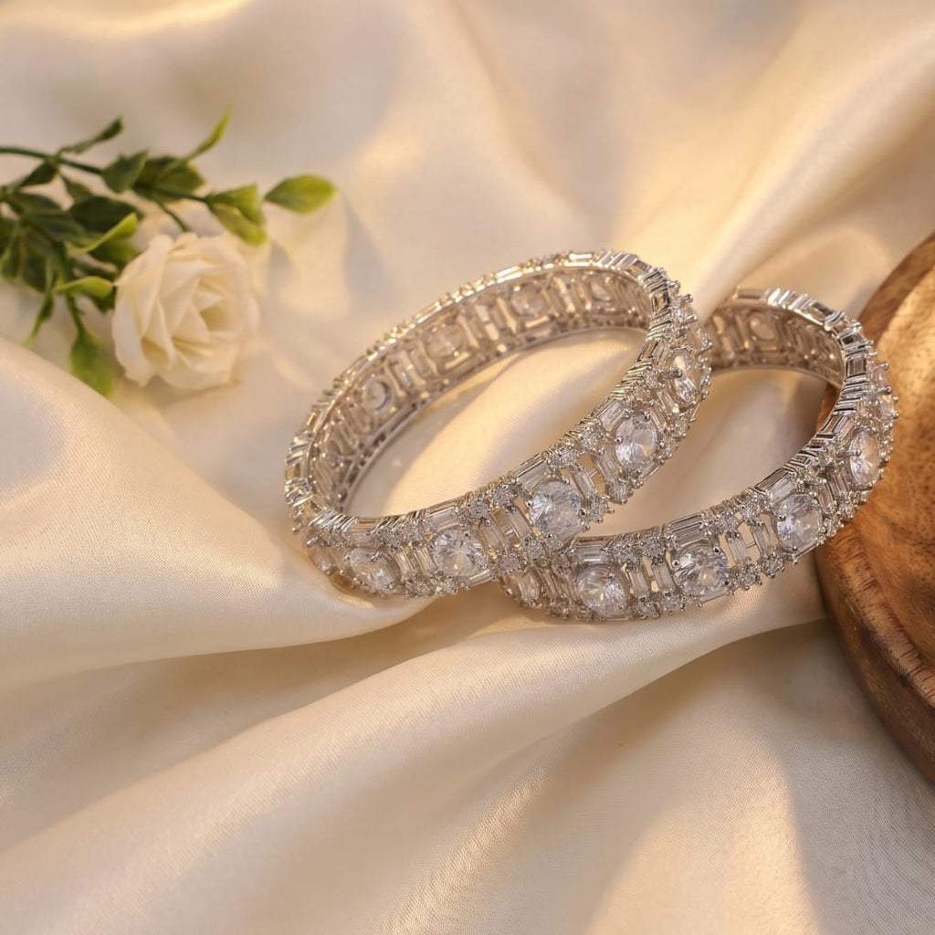 CZ Rhodium Solitaire Baguette Bridal Bangles