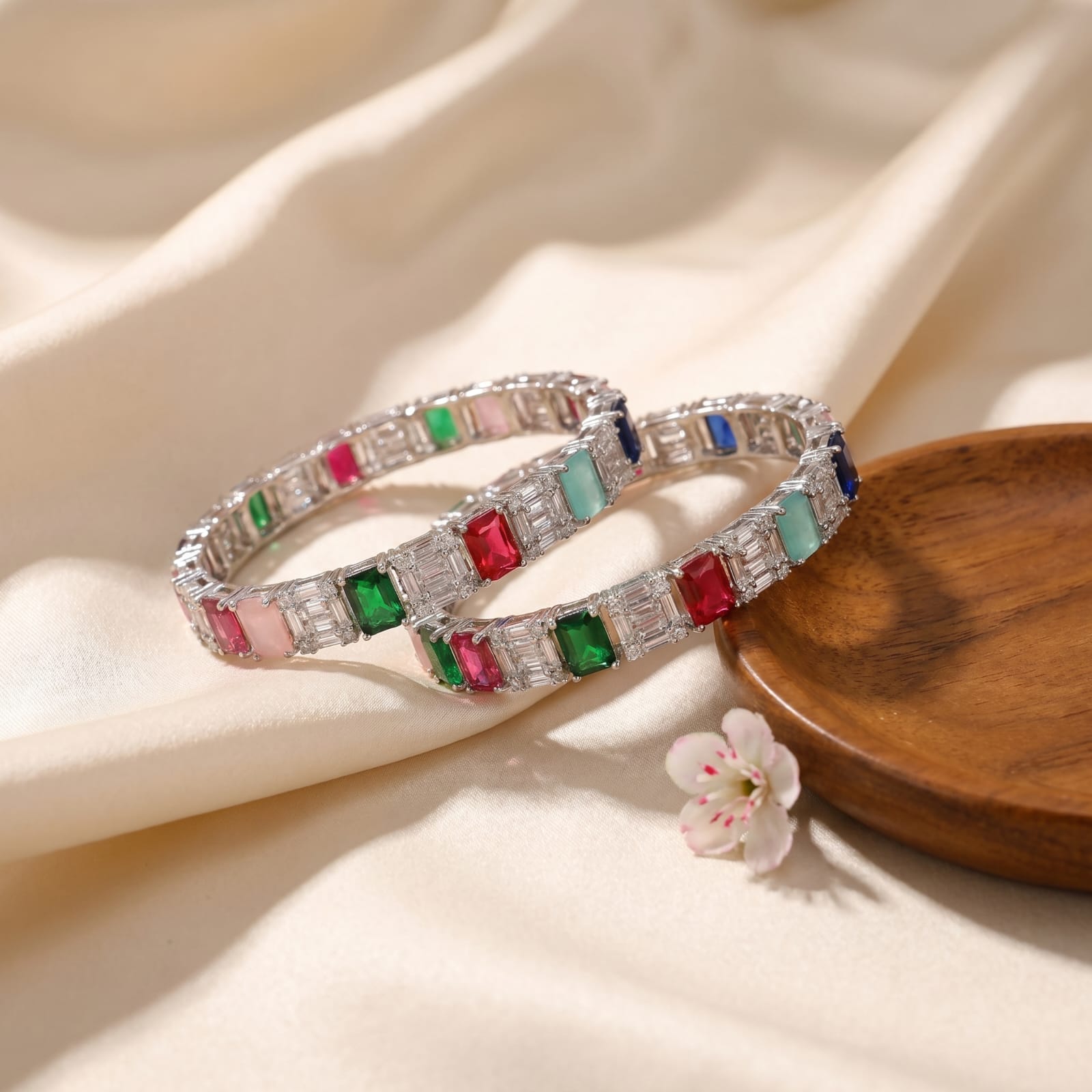 CZ Rhodium Multicolour Bold Square Stone Bangles