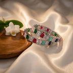 CZ Rhodium Multicolour Bold Square Stone Bangles