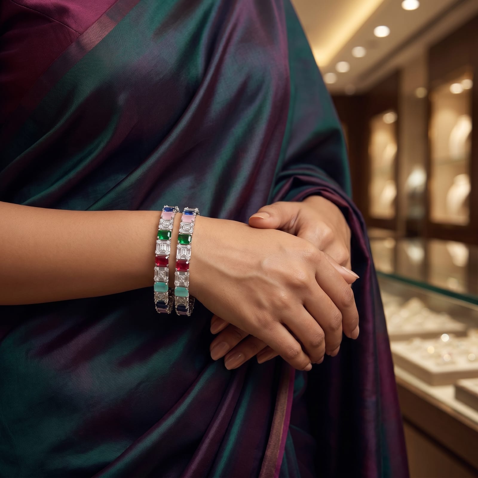 CZ Rhodium Multicolour Bold Square Stone Bangles