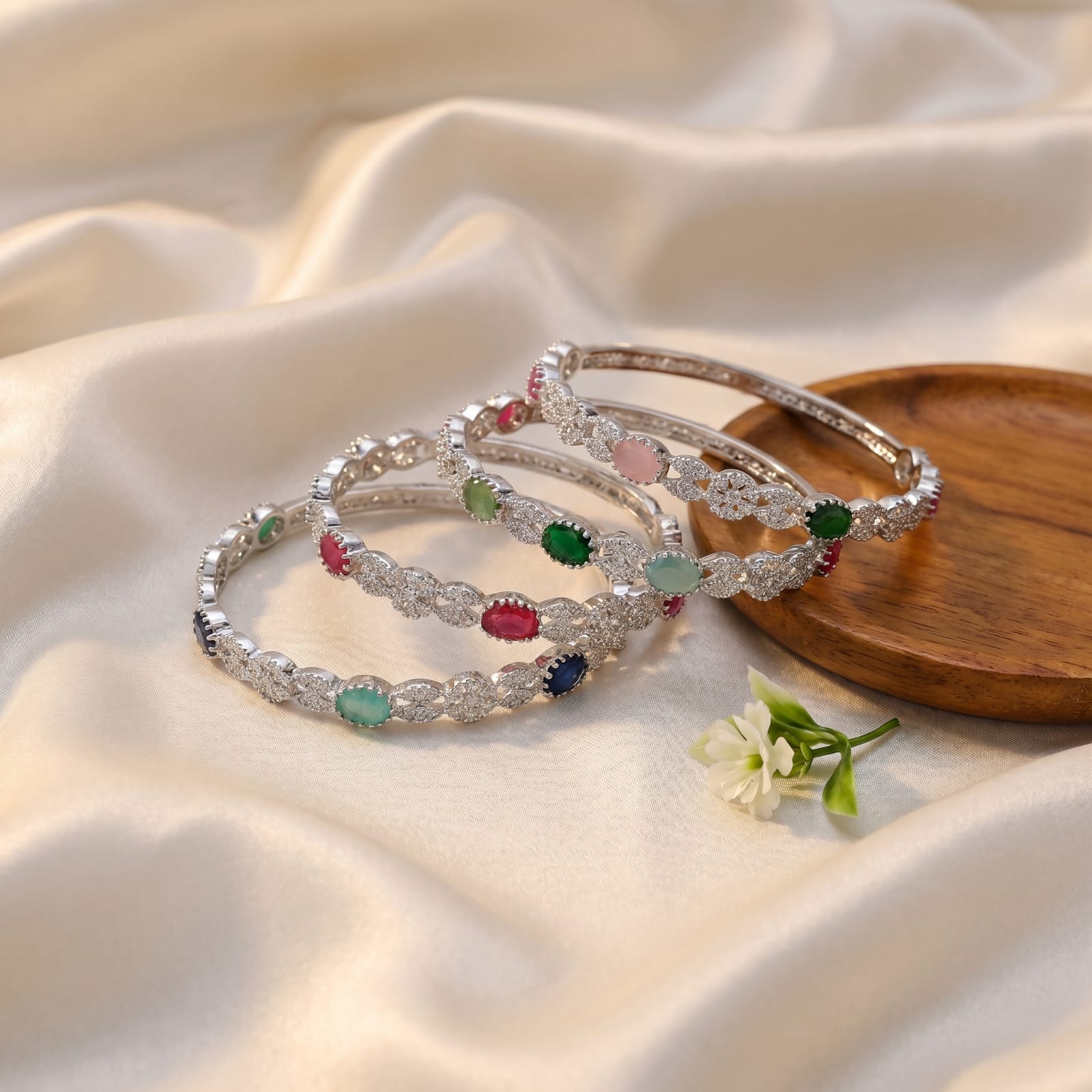 CZ Rhodium Multicolour Oval CZ Daisy Bangles