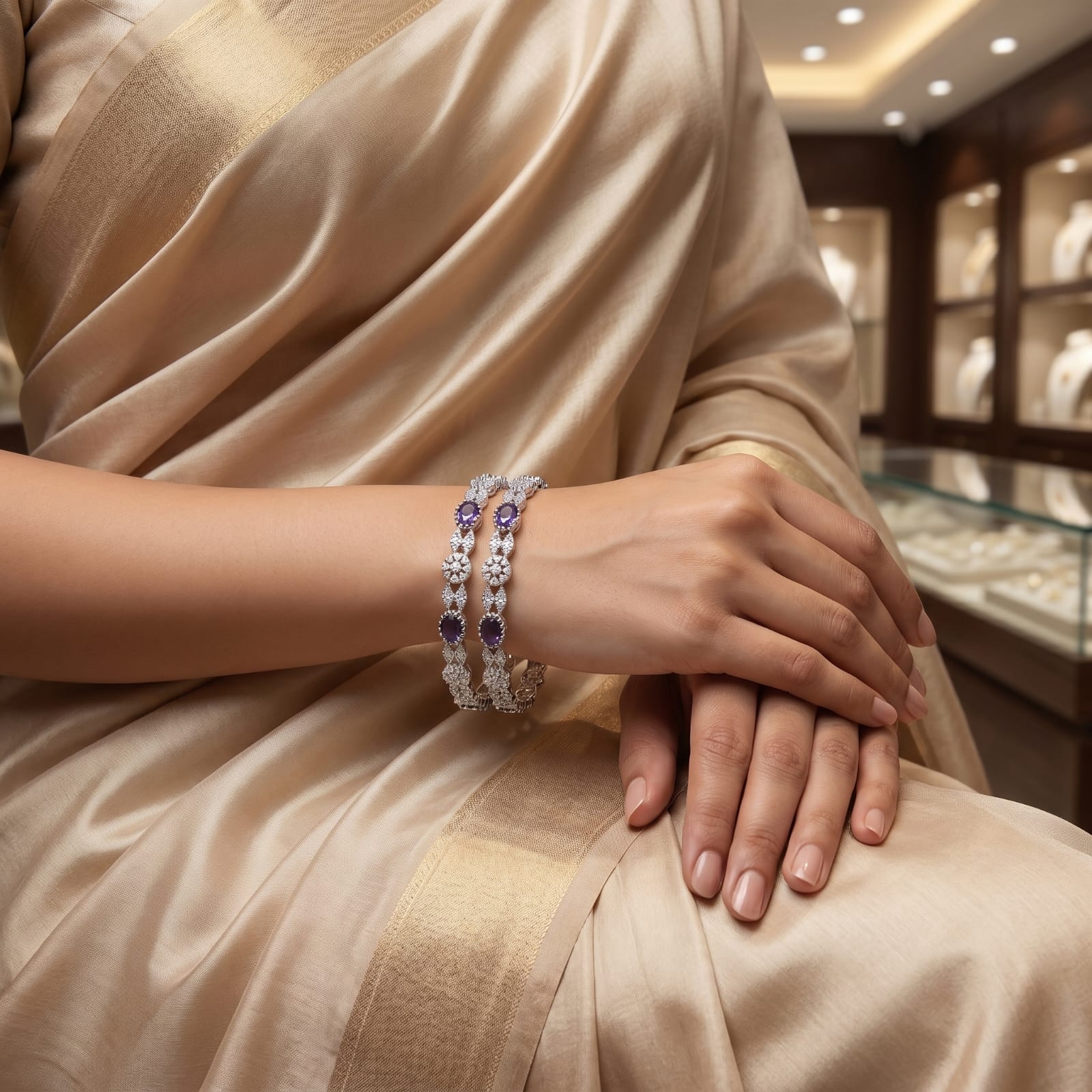 CZ Rhodium Purple Stone Floral CZ Bangles