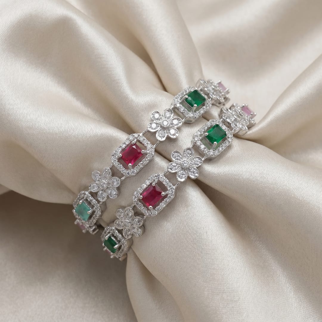 Multicolour Stone CZ Bangles – Emerald Cut Halo Set