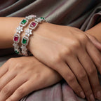 Multicolour Stone CZ Bangles – Emerald Cut Halo Set