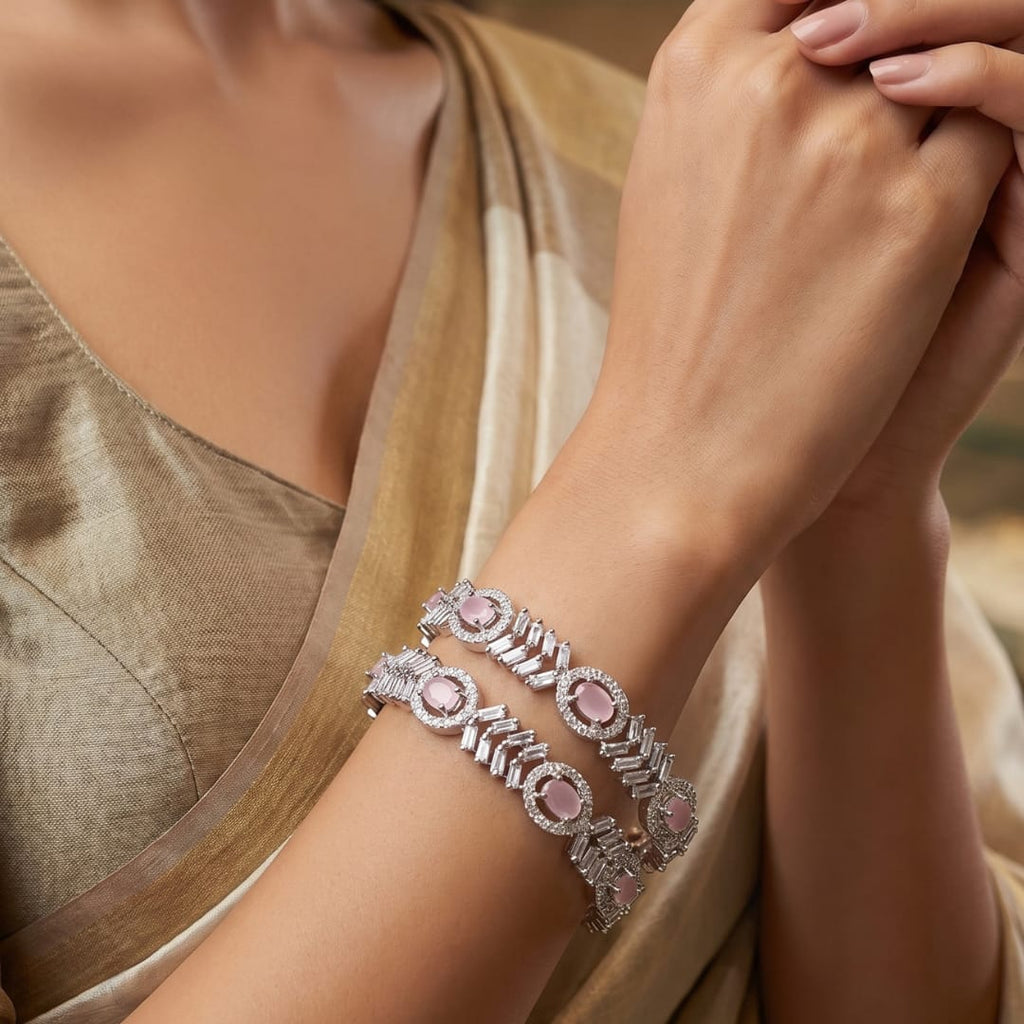Pink Oval Stone CZ Bangles  Set