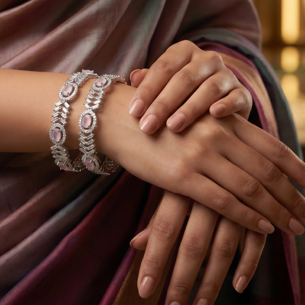 Pink Oval Stone CZ Bangles  Set