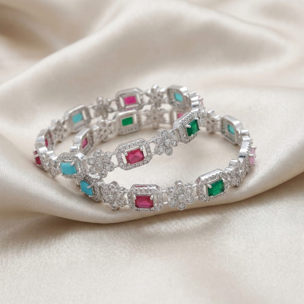 Multicolour Stone CZ Bangles – Emerald Cut Halo Set