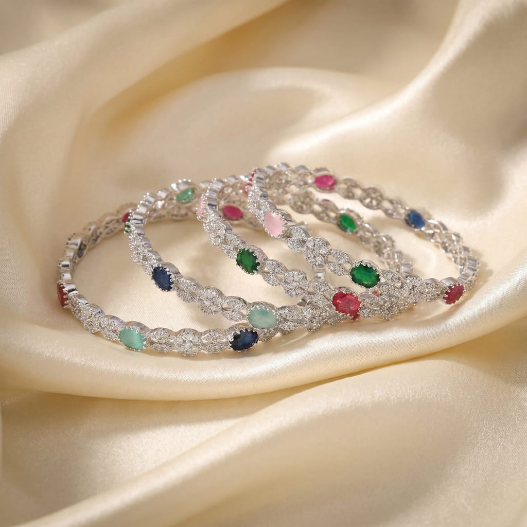 CZ Rhodium Multicolour Oval CZ Daisy Bangles