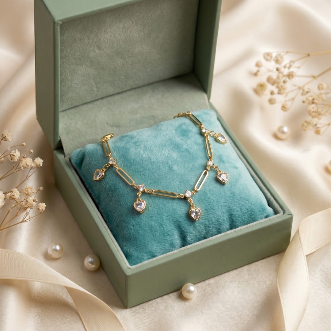 Micro Gold Cz Leaf Charm Dangling Gold Bracelet