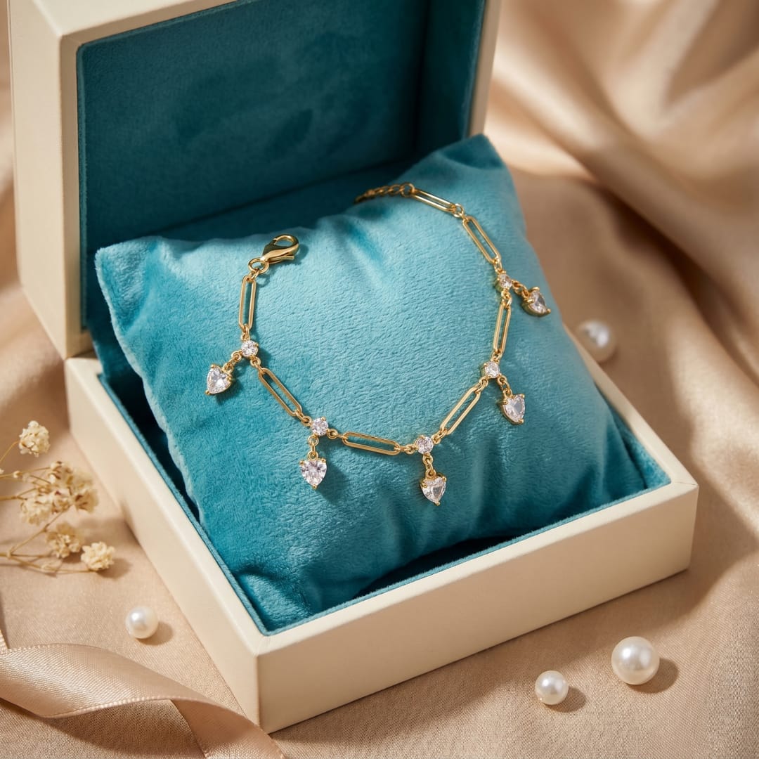Micro Gold Cz Leaf Charm Dangling Gold Bracelet