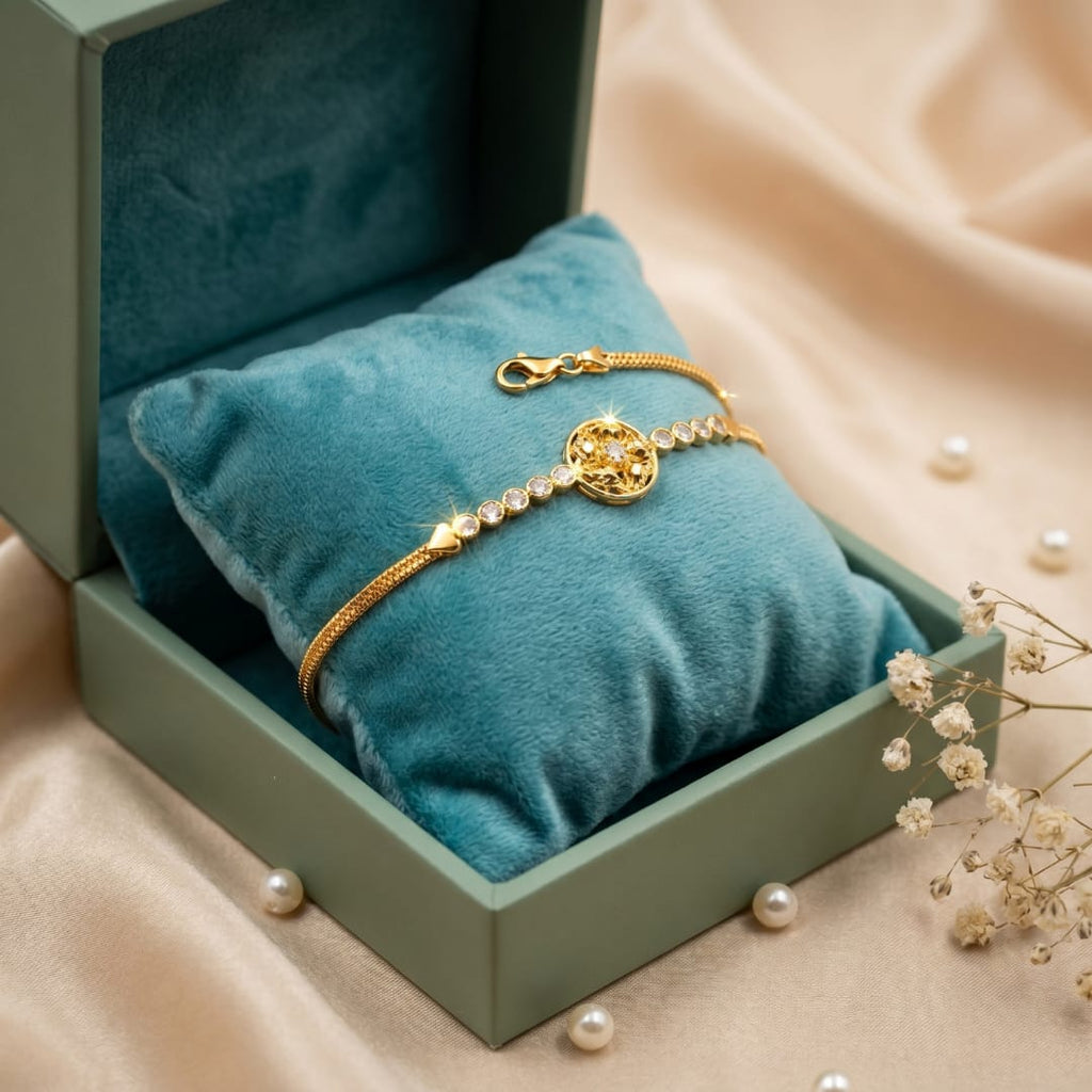 Micro Gold Forming Round Floral Charm Bracelet with CZ Solitaire Accents