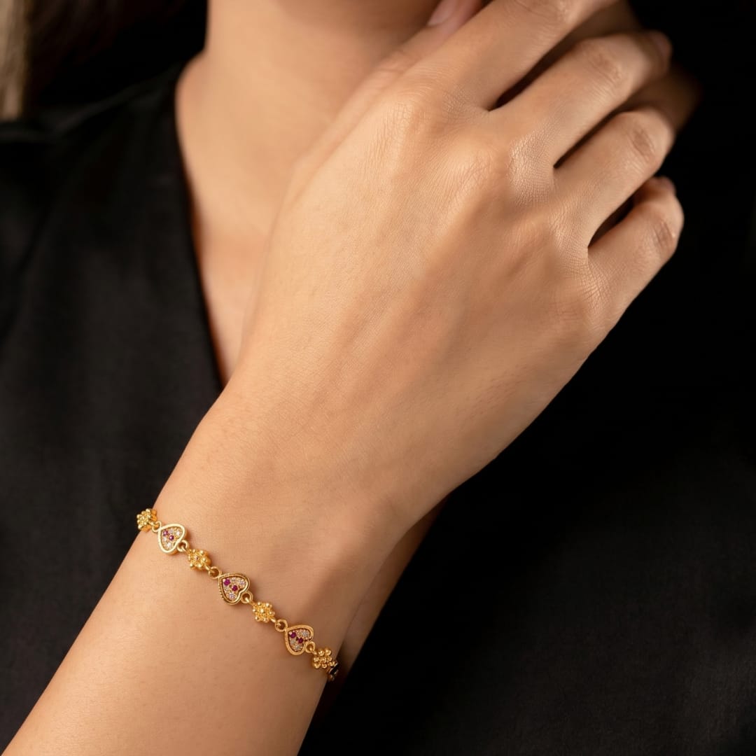 Triple Heart Floral CZ Gold Bracelet