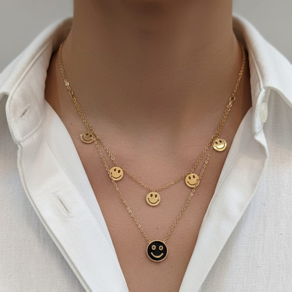 Imported Luxe Stainless Steel Layered Smiley Face Pendant Chain