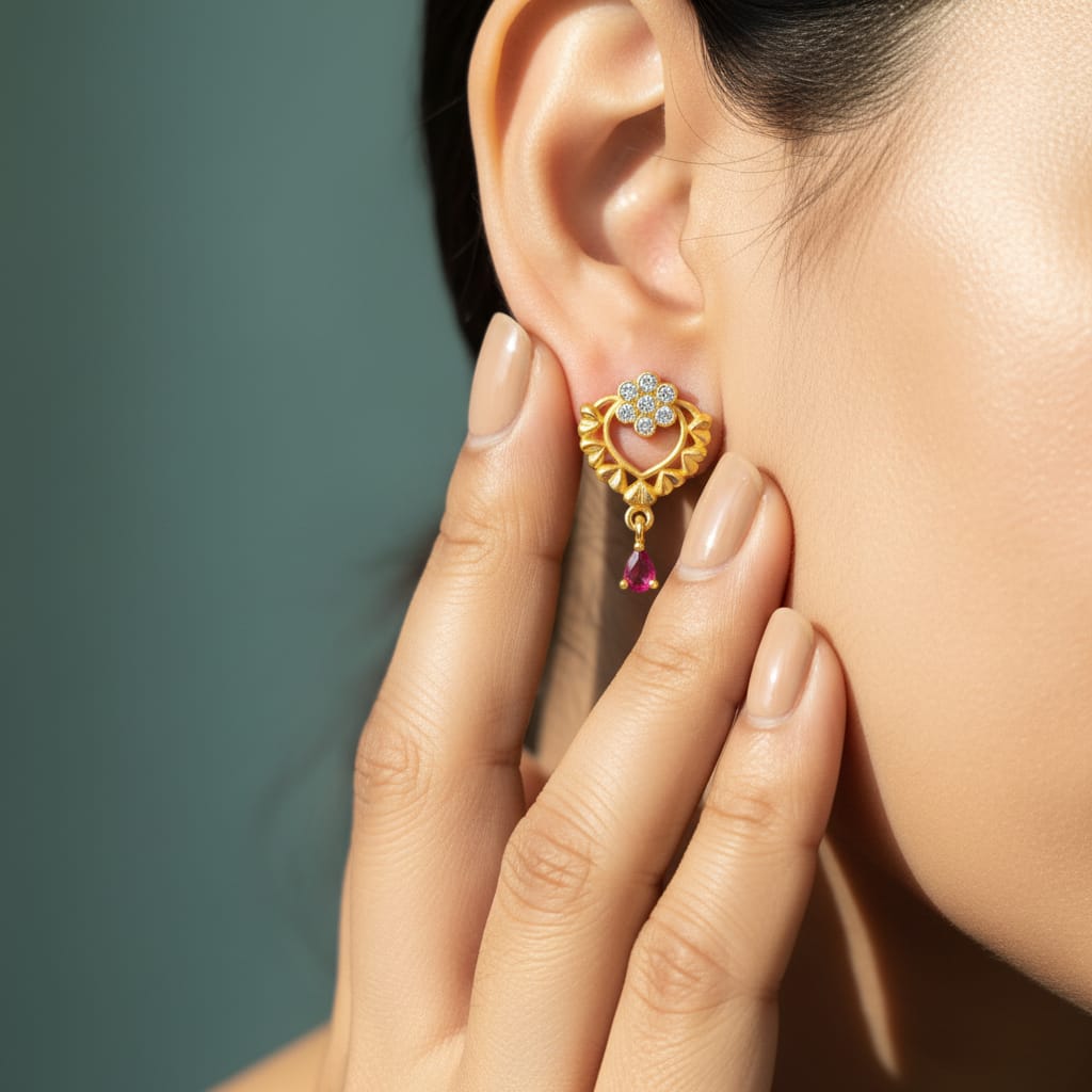 Open Heart Sunburst CZ Flower Ruby Teardrop Drop Earrings