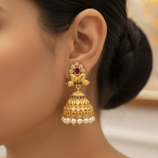 Micro Gold Plated Ruby & Pearl Jhumka