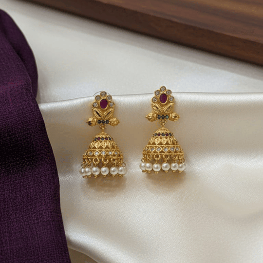 Micro Gold Plated Ruby & Pearl Jhumka
