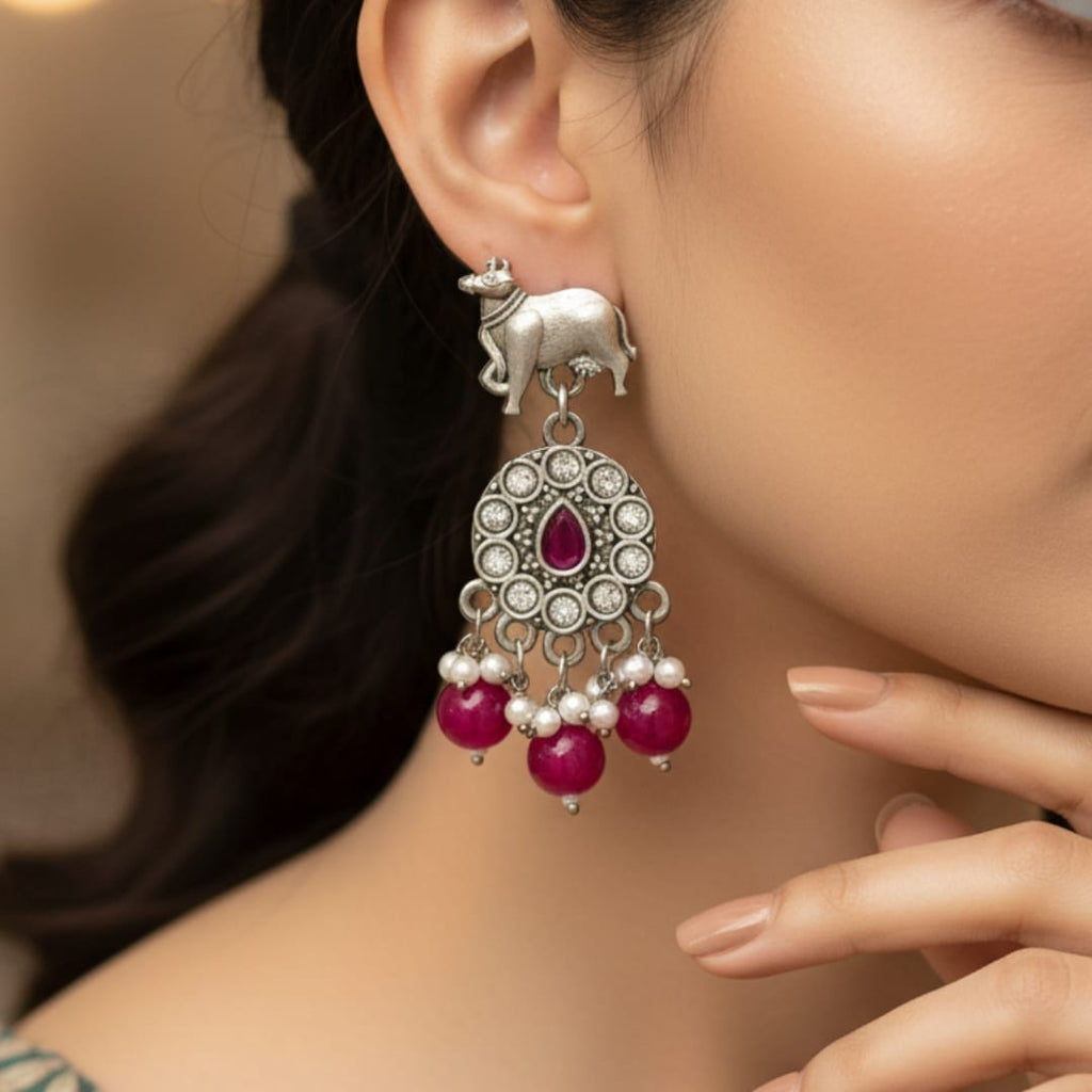 Kamdhenu Nandi Silver Oxidised Earrings
