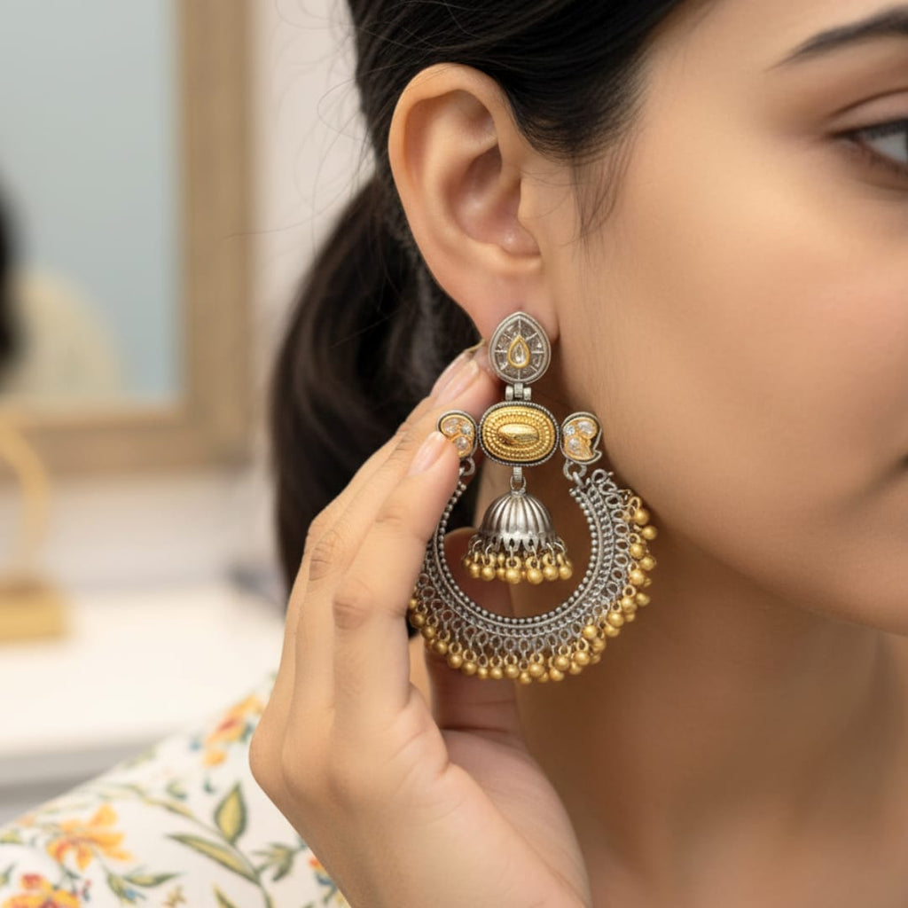 Kundan Chandbali Earrings with Jhumki & Gold Ghungroo