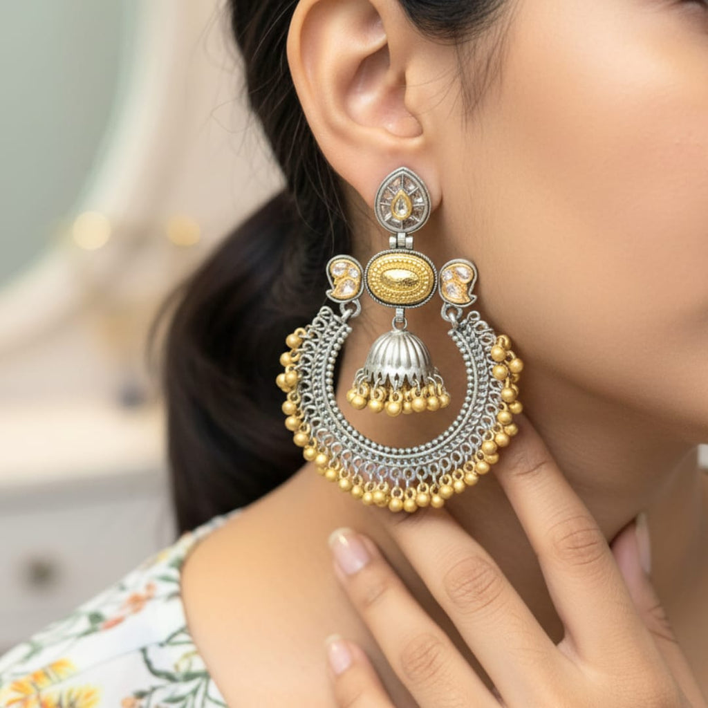 Kundan Chandbali Earrings with Jhumki & Gold Ghungru