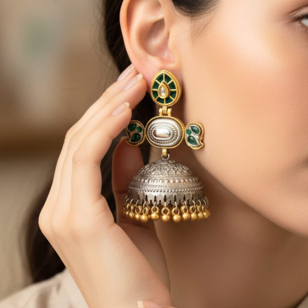 Kundan Leaf Stud Large Jhumki Earrings