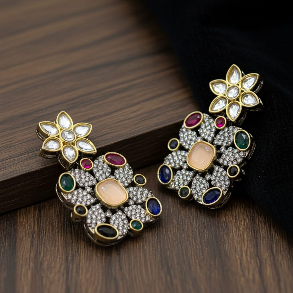 Kundan Navratna Square Drop Earrings 
