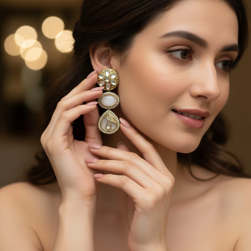 Kundan Polki Triple Drop Earrings with White Onyx