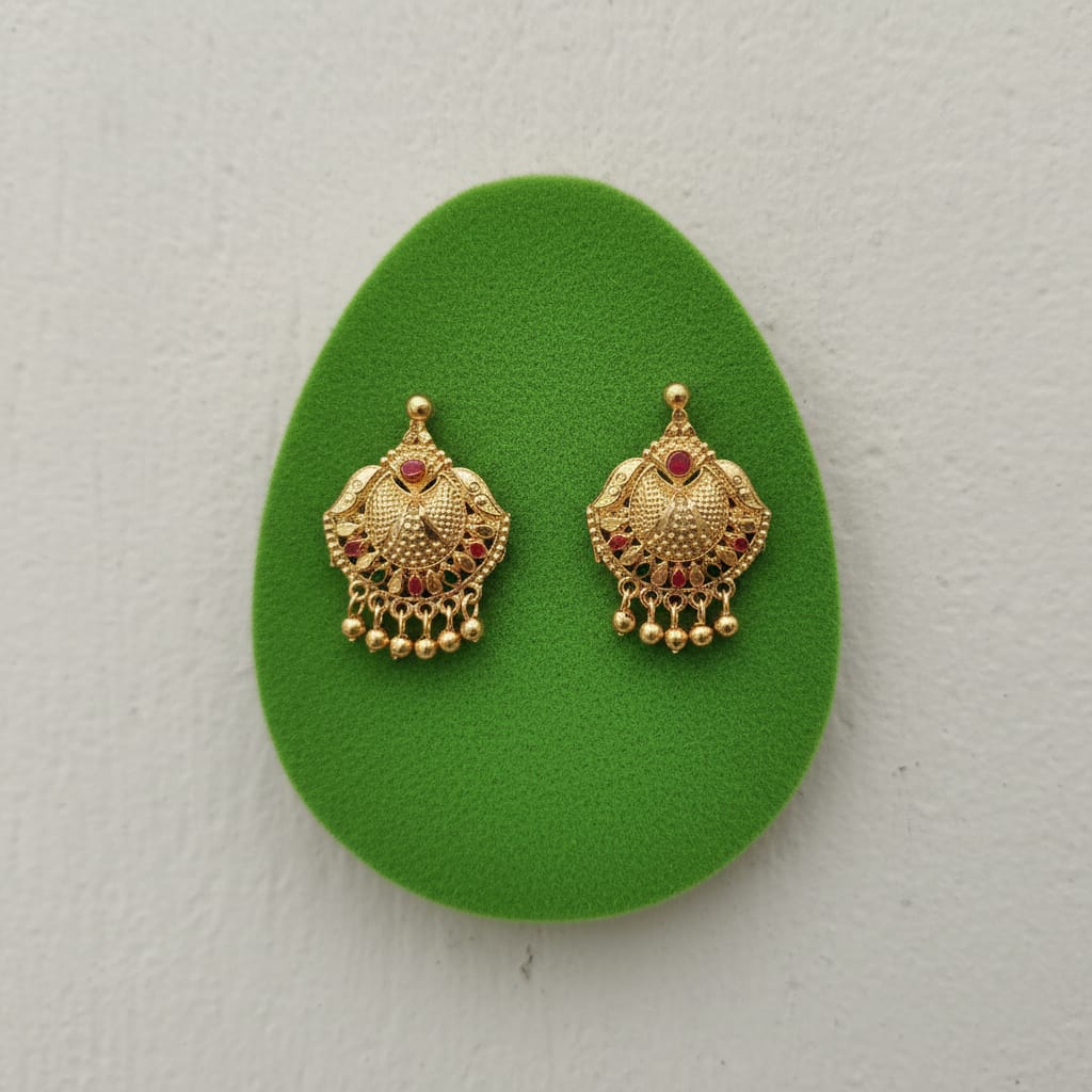 Fan Shield Granule Ruby Meenakari Gold Bead Drop Earrings