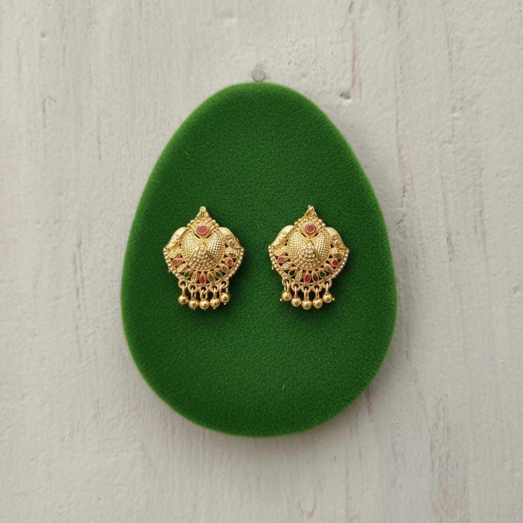 Fan Shield Granule Ruby Meenakari Gold Bead Drop Earrings