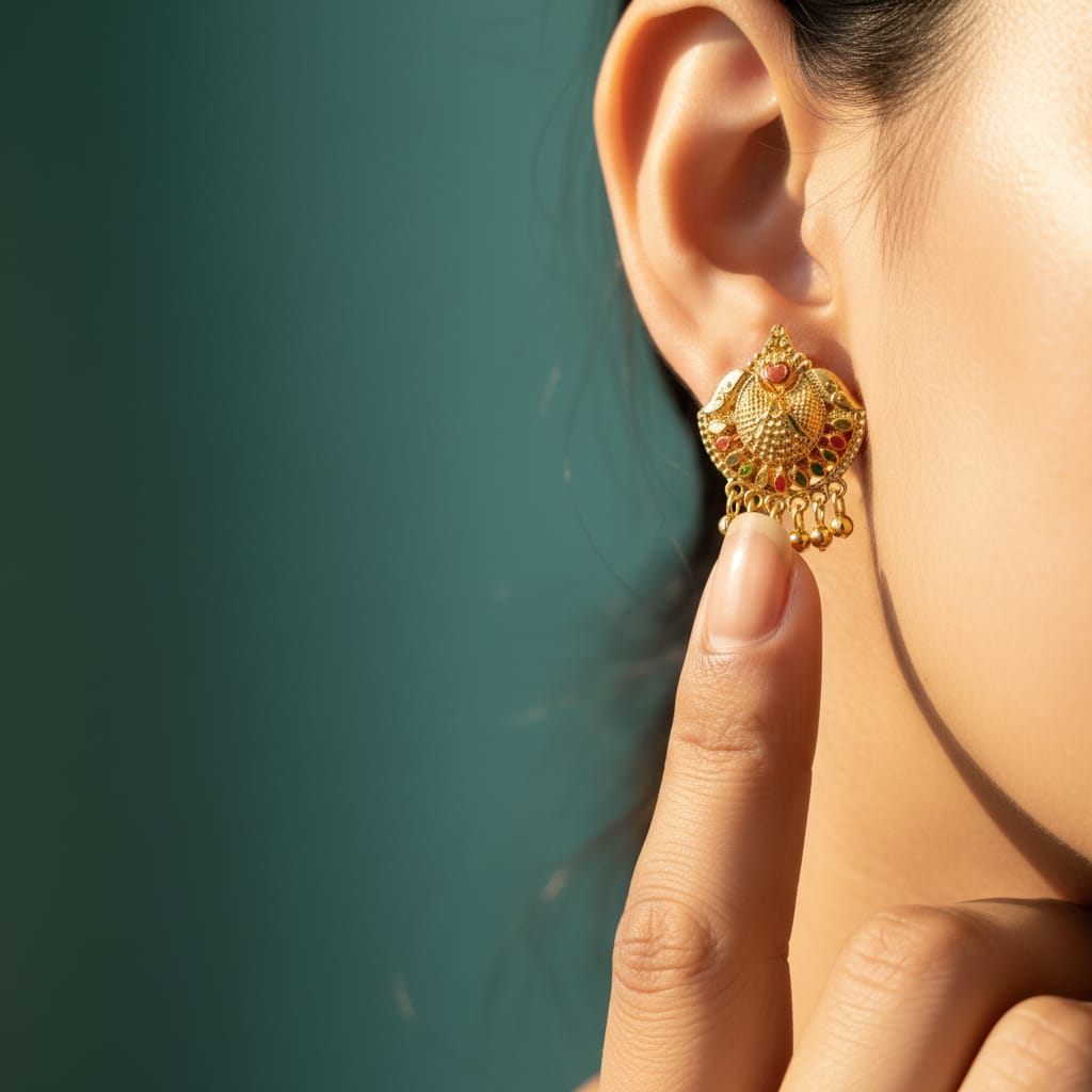 Fan Shield Granule Ruby Meenakari Gold Bead Drop Earrings